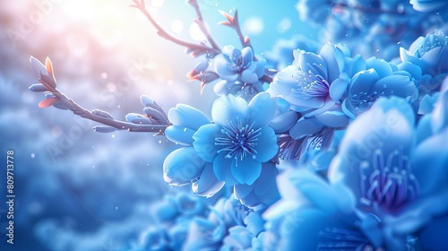 Vibrant blue cherry blossoms hang on a branch against a luminous bokeh background, heralding the advent of spring. photo