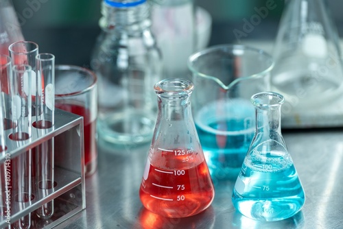 Image shows two graduated conical flasks containing red and blue liquids on a lab table.