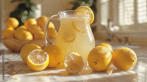 summer refreshments, lemons squeezed into a pitcher of lemonade, set on a marble countertop, waiting to be savored photo