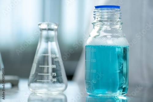Blue liquid in a glass bottle and an empty beaker on a lab table.