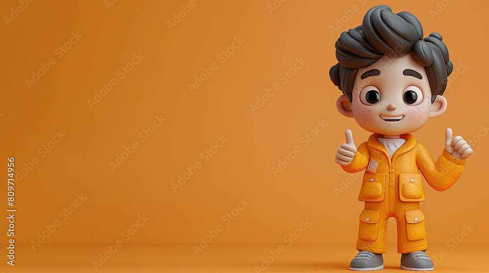 3D cute boy character wearing yellow suit presenting something, with empty space for text. 3D cute boy character wearing yellow suit presenting something, with empty space for text.