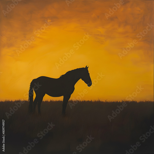 A wild mustang silhouetted against a blazing yellow sunset on the open range  soft lighting.