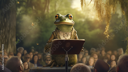 A wise and eloquent frog stands on a podium in the middle of a sunlit forest photo