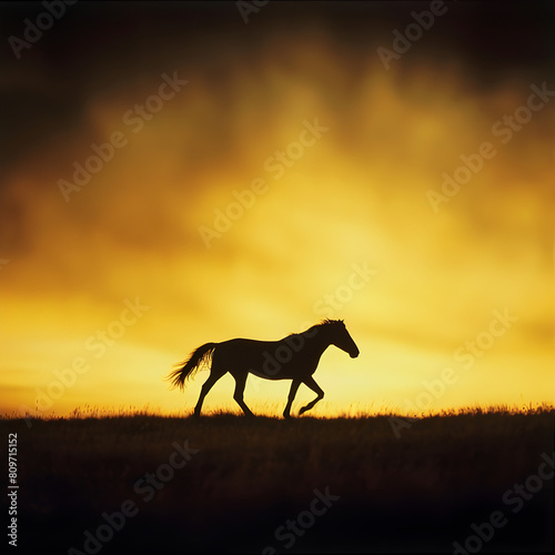 A wild mustang silhouetted against a blazing yellow sunset on the open range, soft lighting.