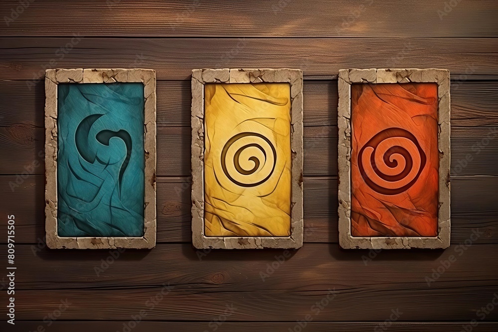 Three colorful cards with different symbols on each card.