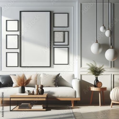 A living room with a template mockup poster empty white and with a couch and a table image art lively.