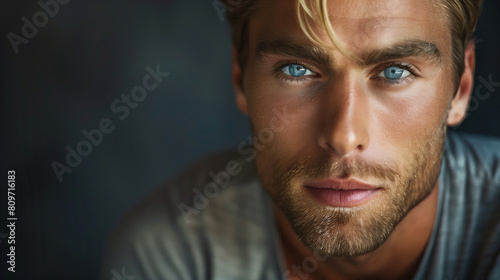 copy space, high resolution photo, 30 year very attractive man, beautiful blue eyes he is very strong, blonde hair, defined jawline, wearing a simple T-shirt, he looks very confident