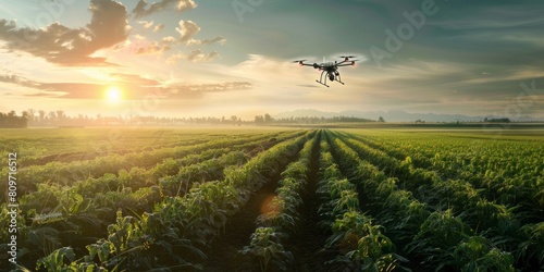 Drone over farmland with soil moisture monitoring, yield problems and send information to smart farmers. High technology innovations to increase agricultural productivity. photo