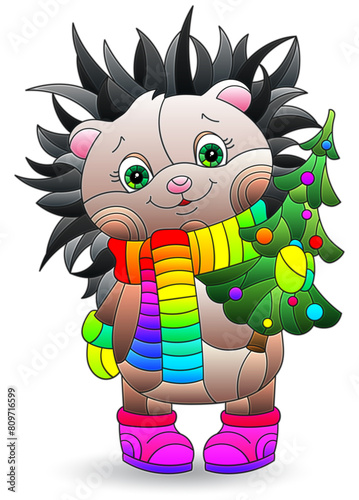 Illustration in the style of a stained glass window with a hedgehog, on a white background