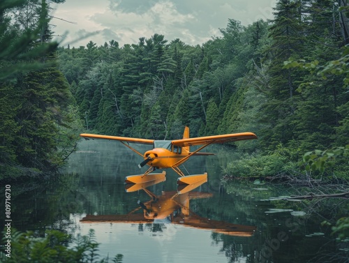 Airplane, Seaplane on a lake in forest, nature background, yellow, orange