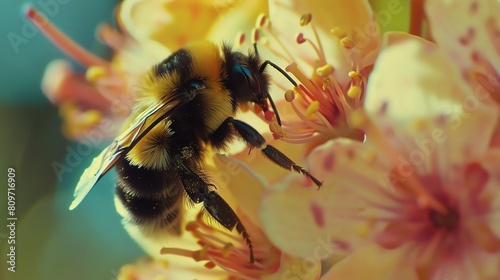 A bee pollinates a flower. The bee is covered in yellow and black fur and the flower is a light shade of pink. © Galib