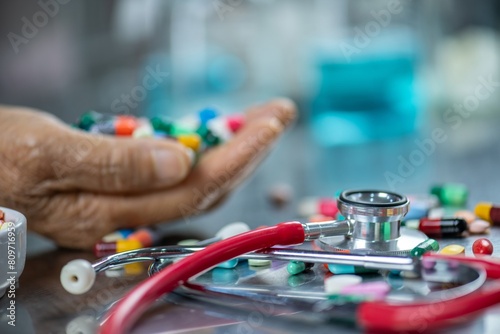 A doctor's hand holding a stethoscope and a handful of pills photo