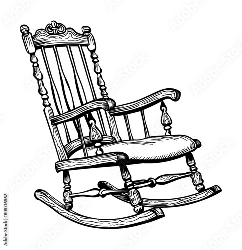 retro rocking chair engraving black and white outline