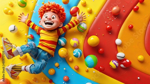 Expressive 3D characters are captured in dynamic leaps on colorful and festive backdrops.