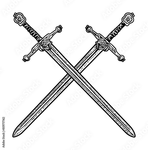 sword crossed engraving black and white outline