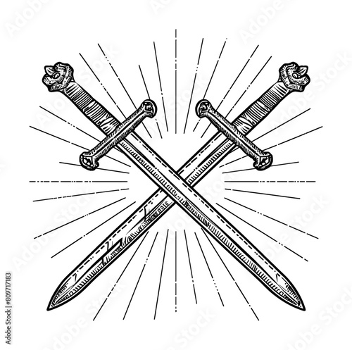 sword crossed engraving black and white outline