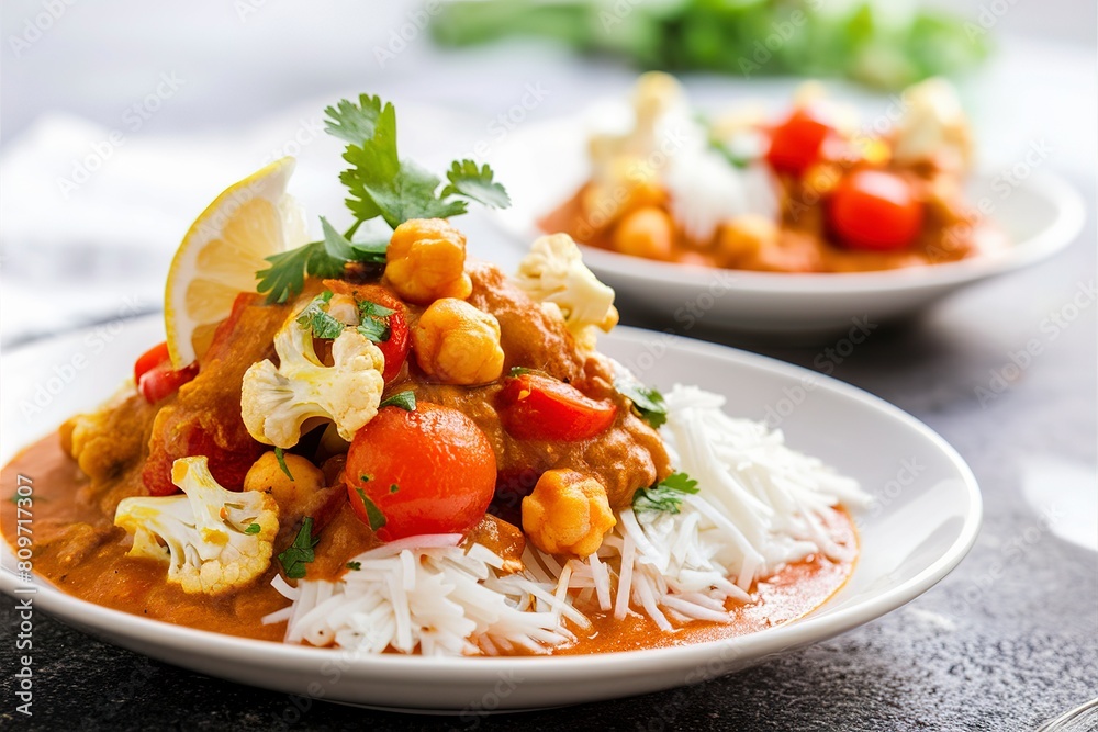 Vegan curry with chickpeas, tomatoes and cauliflower