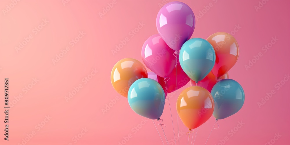 A vibrant cluster of glossy balloons in pastel colors floating against a soft pink background, evoking celebration and happiness