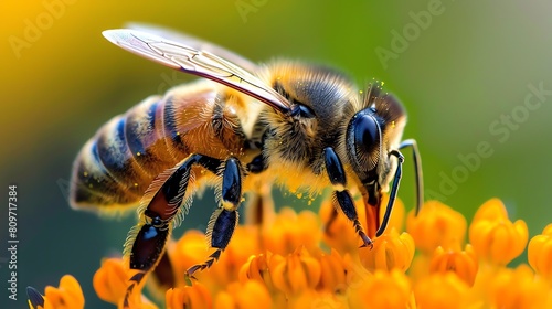 A bee pollinating a flower. The bee is covered in pollen and the flower is bright yellow. The bee is hard at work and the flower is in full bloom.