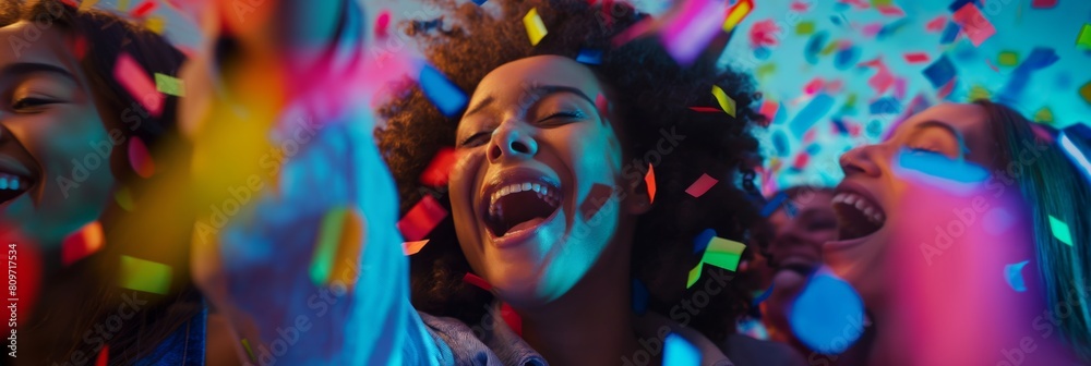 People celebrating with laughter and joy amidst a burst of colorful confetti in a festive environment