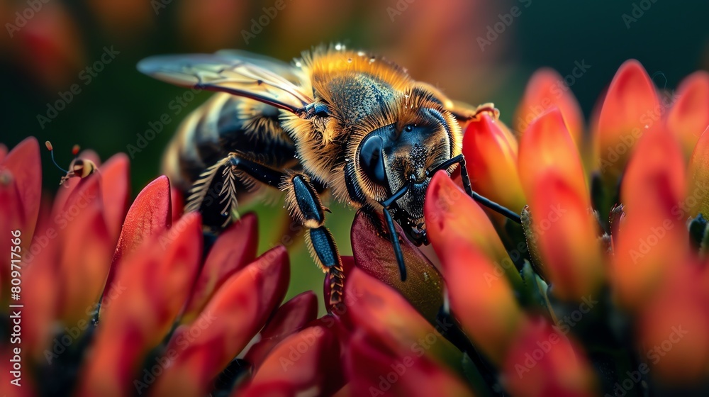 Fototapeta premium A bee pollinating a red flower. The bee is covered in pollen and the flower is in focus. The background is blurred and out of focus.