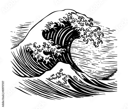 sea wave engraving black and white outline