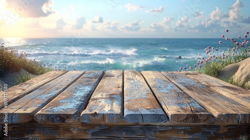 Abstract empty wooden desk tabletop with copy space over summer sand beach blurred background.