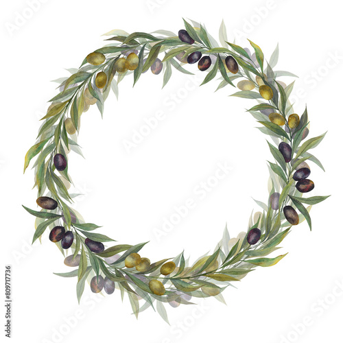 An elegant watercolor illustration depicting a round wreath of green and black olives intertwined with olive leaves  made in an artistic style with a sense of naturalness