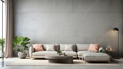 A stylish living room interior with a comfortable sofa  floor lamp  plant  and minimalistic decor