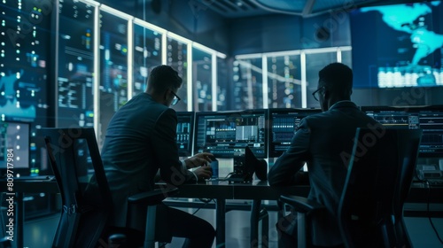 In the control room of the system, professional operators are working on computers. Secret government security agency analysts are carrying out research and investigating cybersecurities. photo