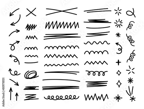 Scribble doodle line shapes set. Hand drawn design elements collection. Black brush strokes bundle.