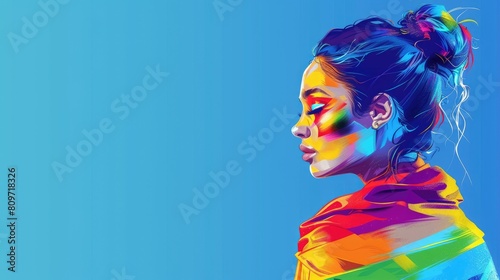 A brightly made-up girl in the colors of the pride flag on a blue background.