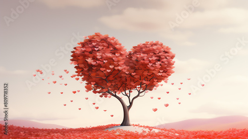 A beautiful and surreal landscape image of a large tree with a heart-shaped crown. The tree is located in a field of red flowers against a backdrop of rolling hills and a pink sky. © arhendrix