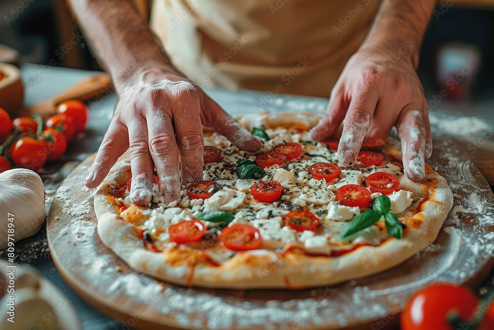 Preparing DIY Pizza. A chef expertly adds fresh ingredients to a DIY pizza, featuring tomatoes, basil, and mozzarella on a rustic wooden board.