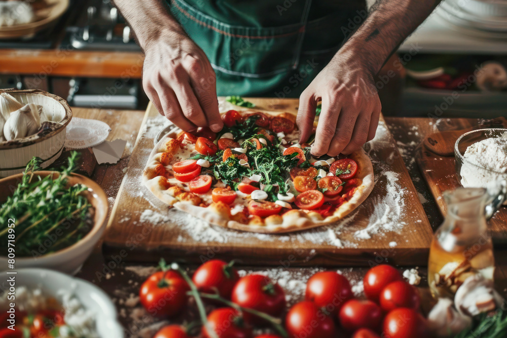 Preparing DIY Pizza. A chef expertly adds fresh ingredients to a DIY pizza, featuring tomatoes, basil, and mozzarella on a rustic wooden board.