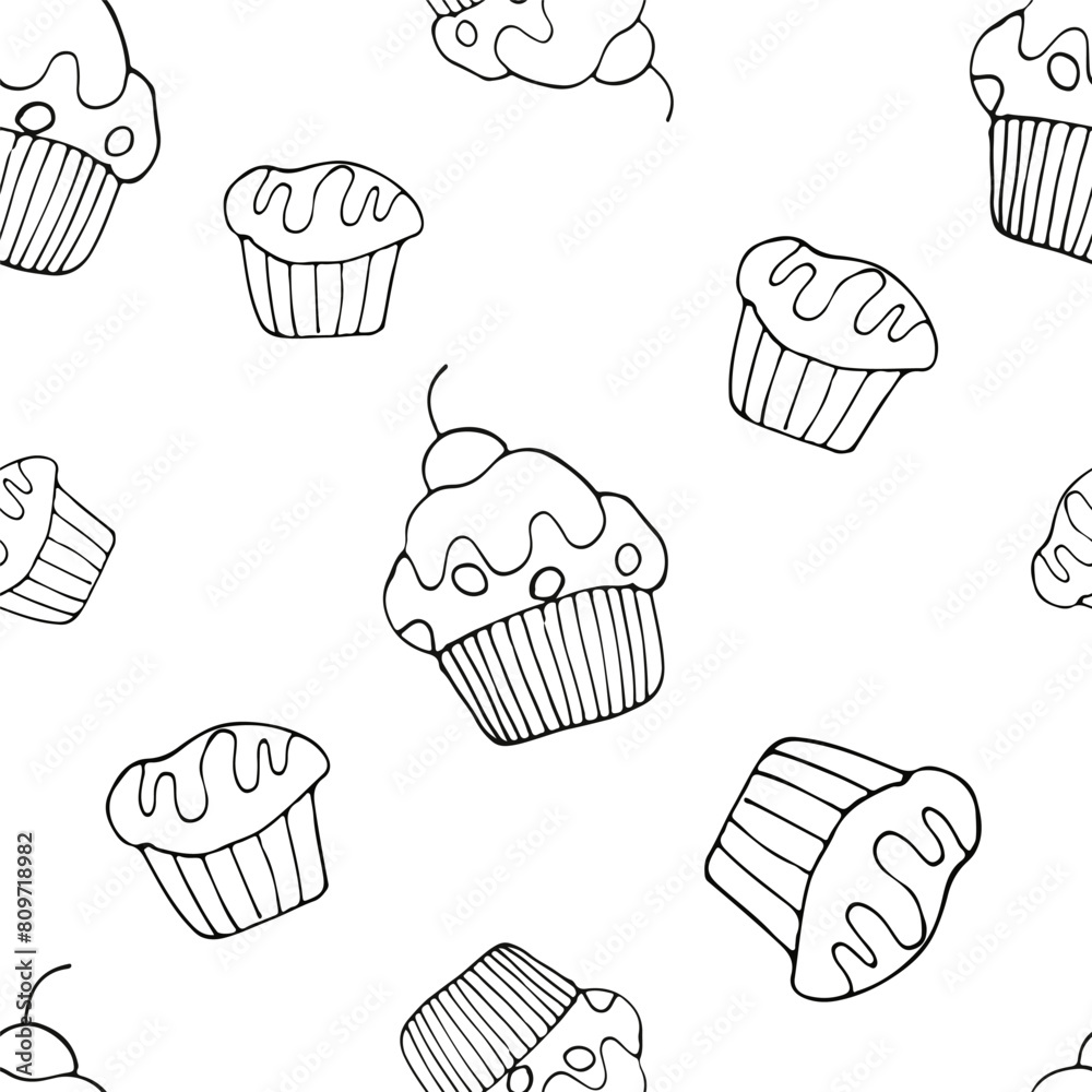 Cupcakes doodles repeat pattern, a seamless background with hand-drawn muffins, a black outline drawing on a white background Cupcakes doodles repeat pattern, a seamless background with hand-drawn muffins, a black outline drawing on a white background