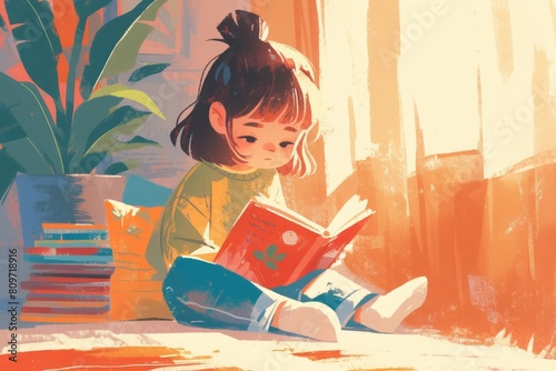 illustration of a cute little boy reading a book in cartoon form, generative ai © gilangedo