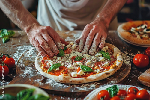Preparing DIY Pizza. A chef expertly adds fresh ingredients to a DIY pizza, featuring tomatoes, basil, and mozzarella on a rustic wooden board.