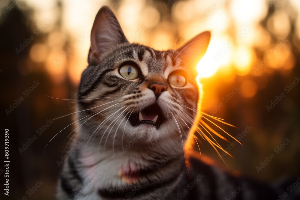 Close-up portrait photography of a smiling american shorthair cat murmur meowing while standing against captivating sunset