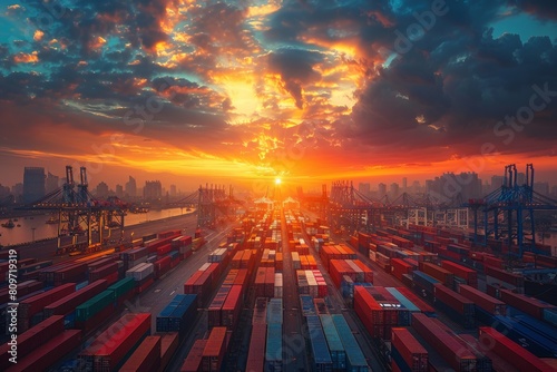 The largest container terminal in the port at sunset