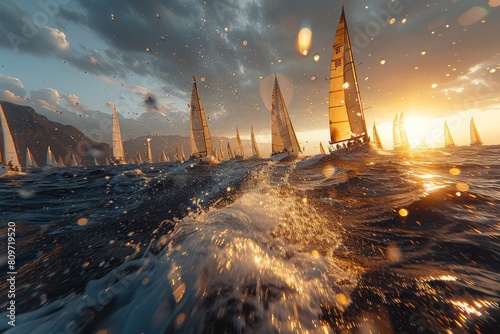 The golden hour sun sets as sailboats race in the ocean, water droplets catching light in a dramatic scene photo