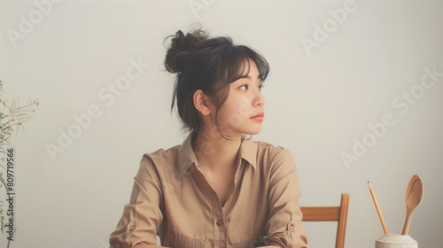 an Asian woman contemplating   © hide