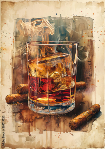 Whiskey Glasses and Cigar Watercolor Art