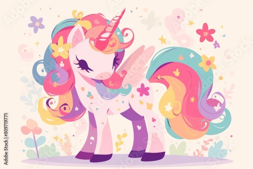cartoon pony illustration with bright and happy colors accompanied by a hot pink background, generative ai © gilangedo
