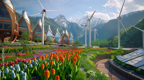 Fototapeta Naklejka Na Ścianę i Meble -  Eco-friendly city where streets are lined with tulips, flanked by small-scale wind turbines and solar roofs, mountains beyond