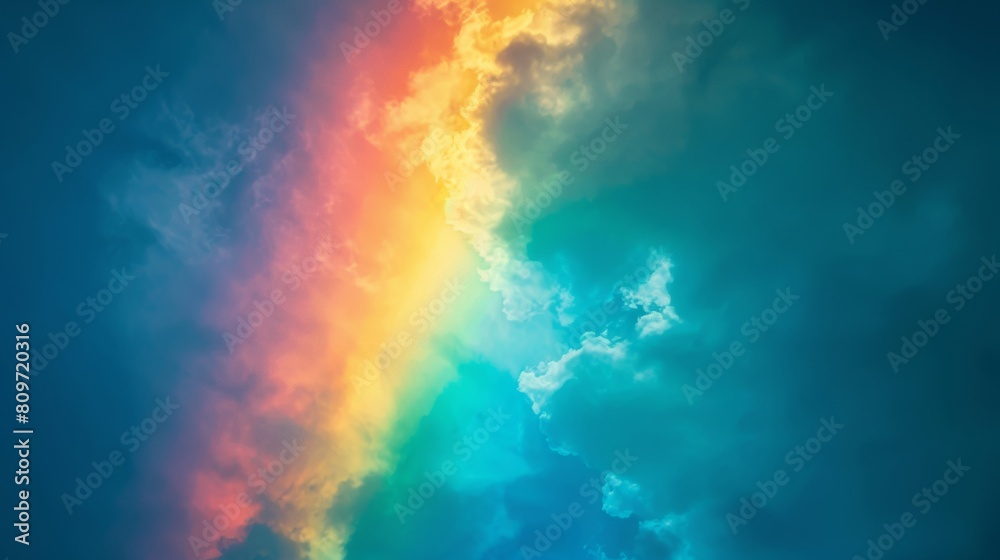 Colorful rainbow with clouds on blue background.