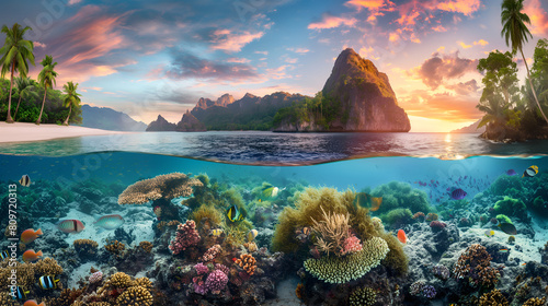 Coral reefs in the underwater world. Marine life. Sea creatures.