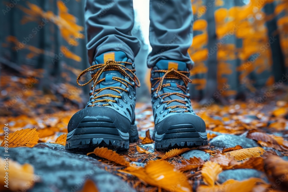 A ground view showcasing a hiker's feet clad in high-quality boots, all set against a vibrant autumn leaf-strewn path A ground view showcasing a hiker's feet clad in high-quality boots, all set against a vibrant autumn leaf-strewn path