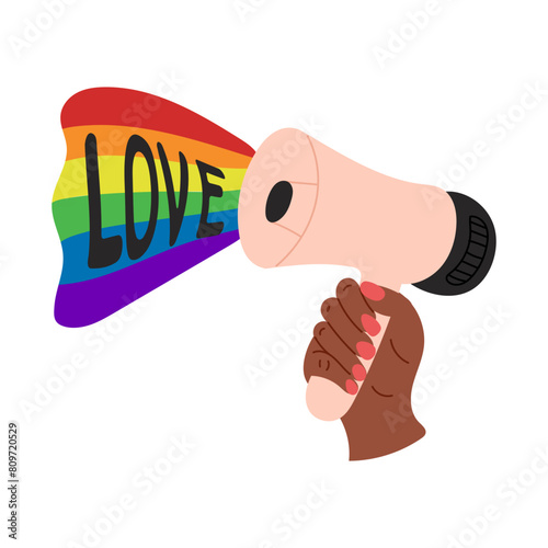 Flat Pride month poster with hand and megaphone with rainbow flag. Supporting LGBTQ community. Love and exception concept. Vector flat hand drawn elements isolated on white background