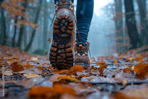 View of walking boots from the wearer's perspective on leaf-covered ground, symbolizing autumn hiking photo